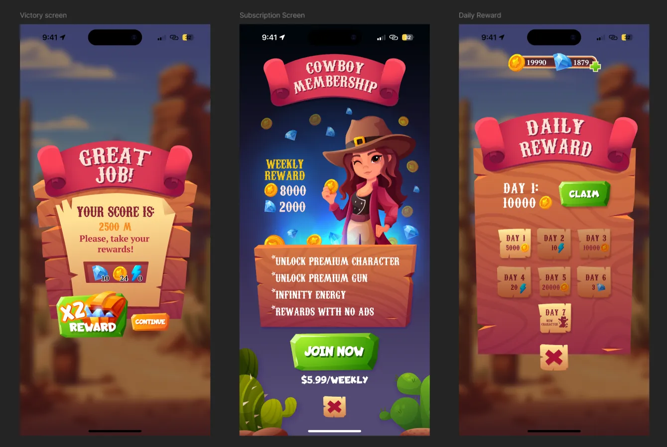 Wild West cowboy mobile game UI/UX design — Figma Auto Layout