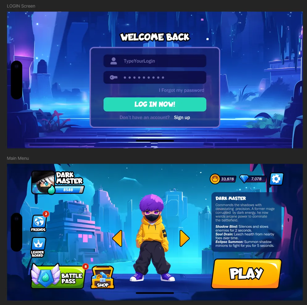Mobile game UI screens — main menu, HUD and game interface design